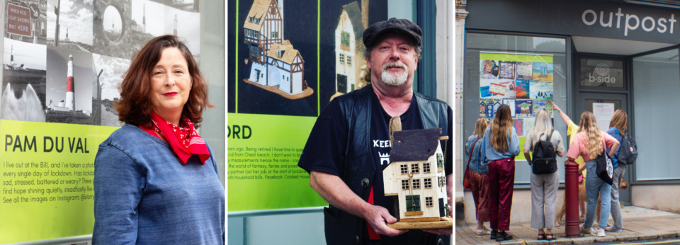 Three images depicting a woman, a man and a group of people beside their posters created for Lockdown Art Exhibitions