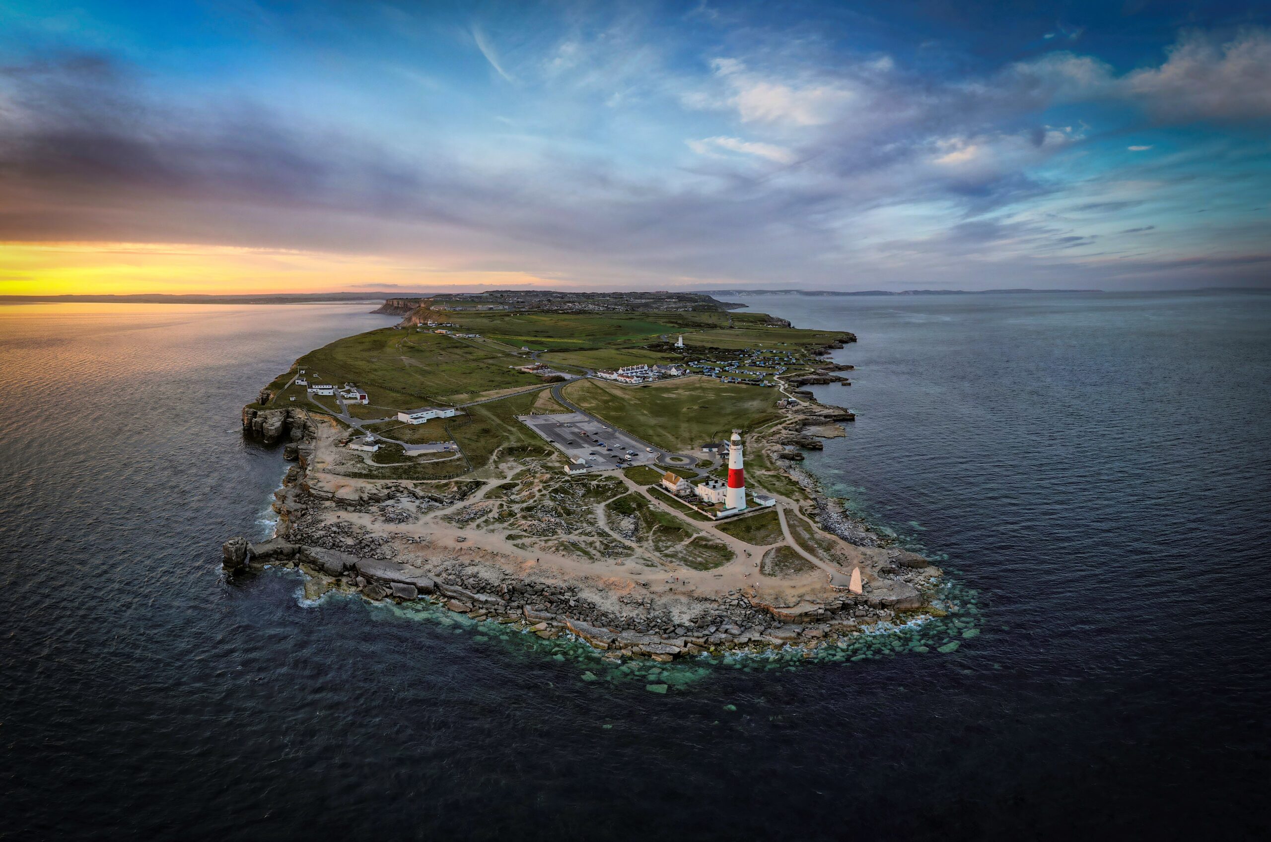 A colour photograph of the Isle of Portland from the air