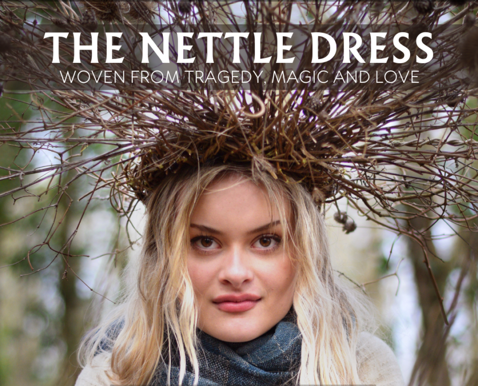 A young woman with long blond hair looks straight ahead she is wearing a headdress made of plants